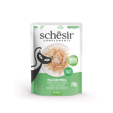 Schesir Chicken fillets with seabass in jelly Wet Cat Food, 70g - شيسير تشيكين فيلليتس — للقطط طعام رطب بنكهة الدجاج، 70 جم