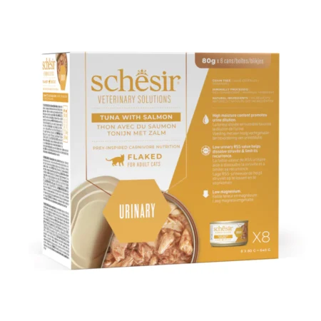 Schesir Veterinary Solution Urinary Flacked Tuna with Salmon, Wet Cat Food 8x80g - شيسير فيتيريناري سولوشن — للقطط طعام رطب بنكهة السلمون دعم المسالك البولية، عدد 8 × 80 جم، 80 جم