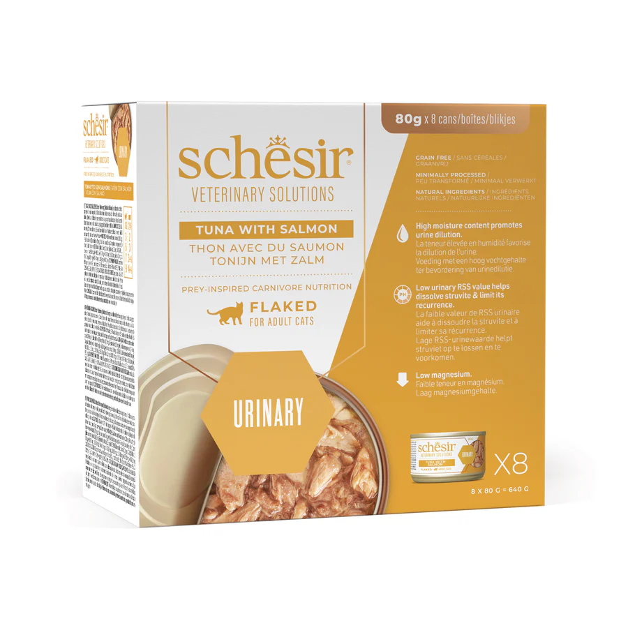 Schesir Veterinary Solution Urinary Flacked Tuna with Salmon, Wet Cat Food 8x80g - شيسير فيتيريناري سولوشن — للقطط طعام رطب بنكهة السلمون دعم المسالك البولية، عدد 8 × 80 جم، 80 جم
