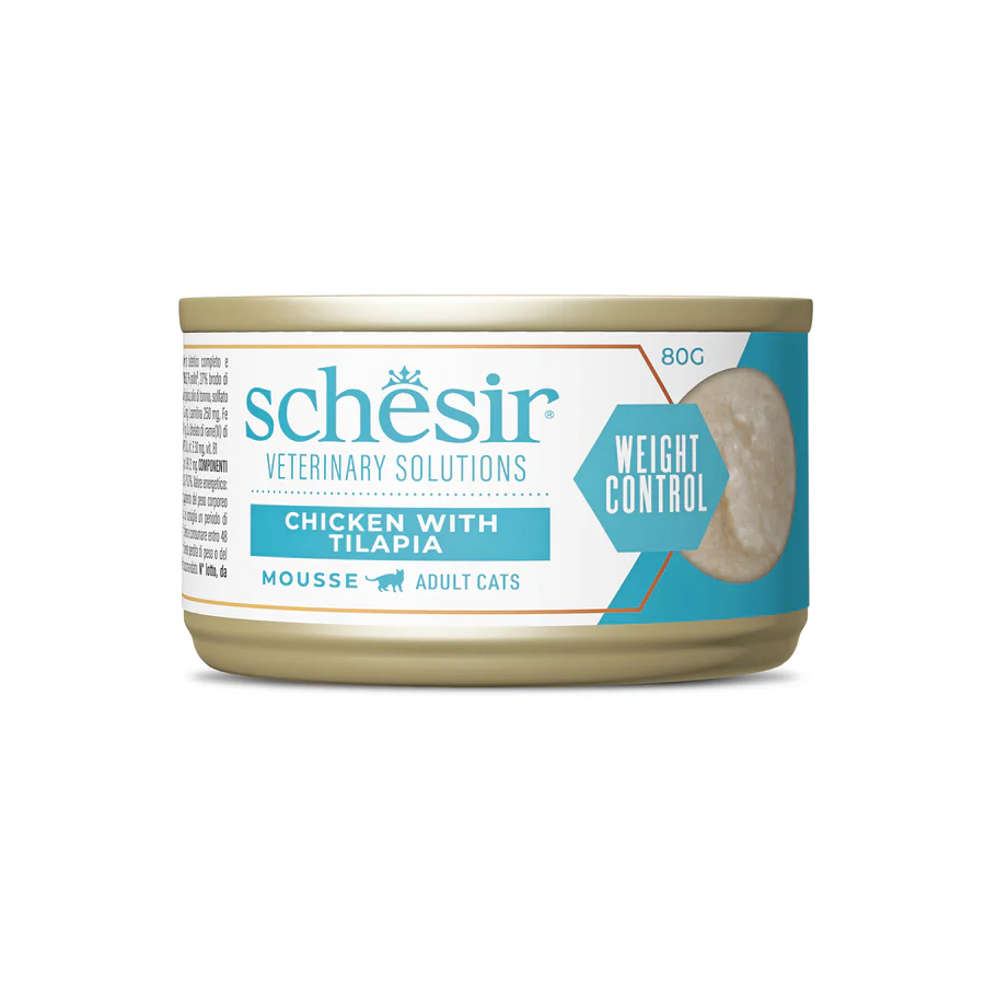 Schesir Veterinary Solution Weight Control Mousse Chicken with Tilapia, Wet Cat Food 8x80g - شيسير فيتيريناري سولوشن — للقطط طعام رطب بنكهة الدجاج، عدد 8 × 80 جم، 80 جم - Image 2