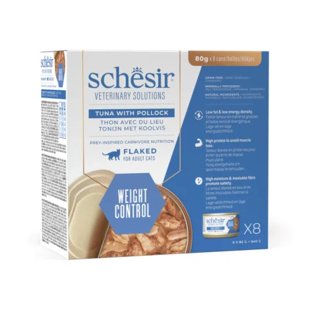 Schesir Veterinary Solution Weight Control Flacked Tuna with Pollock, Wet Cat Food 8x80g - شيسير فيتيريناري سولوشن — للقطط طعام رطب بنكهة التونة، عدد 8 × 80 جم، 80 جم