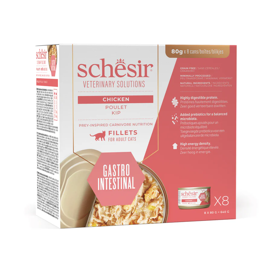 Schesir Veterinary Solution Gastro Intestinal Fillets Chicken, Wet Cat Food 8x80g - شيسير فيتيريناري سولوشن — للقطط طعام رطب بنكهة الدجاج، عدد 8 × 80 جم، 80 جم
