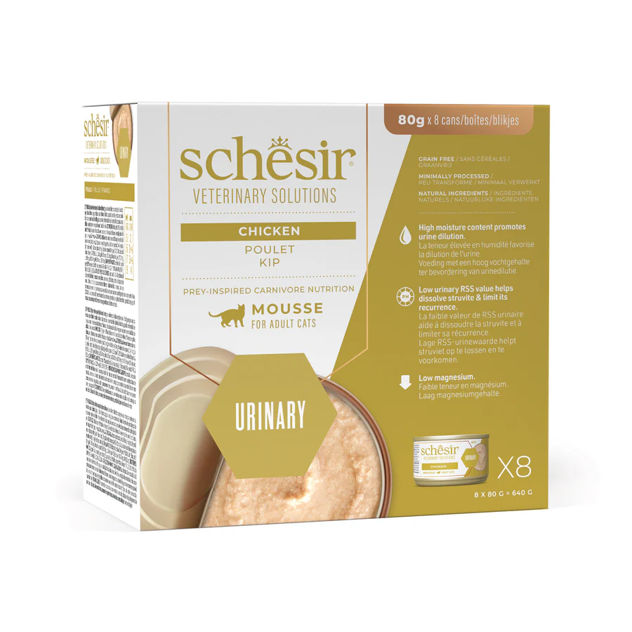 Schesir Veterinary Solution Urinary Mousse Chicken, Wet Cat Food 8x80g - شيسير فيتيريناري سولوشن — للقطط طعام رطب بنكهة الدجاج دعم المسالك البولية، عدد 8 × 80 جم، 80 جم